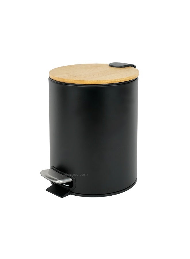 EK Bins Soft-Close Pedal Bin – Bamboo Top & Matte Black Body with Metal Pedal-5L - Image 1